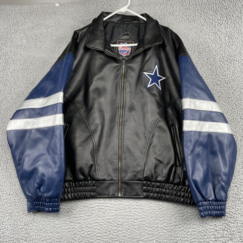 Dallas Cowboys Varsity Faux Leather Bomber NFL Game Day Jacket Mens XL Black